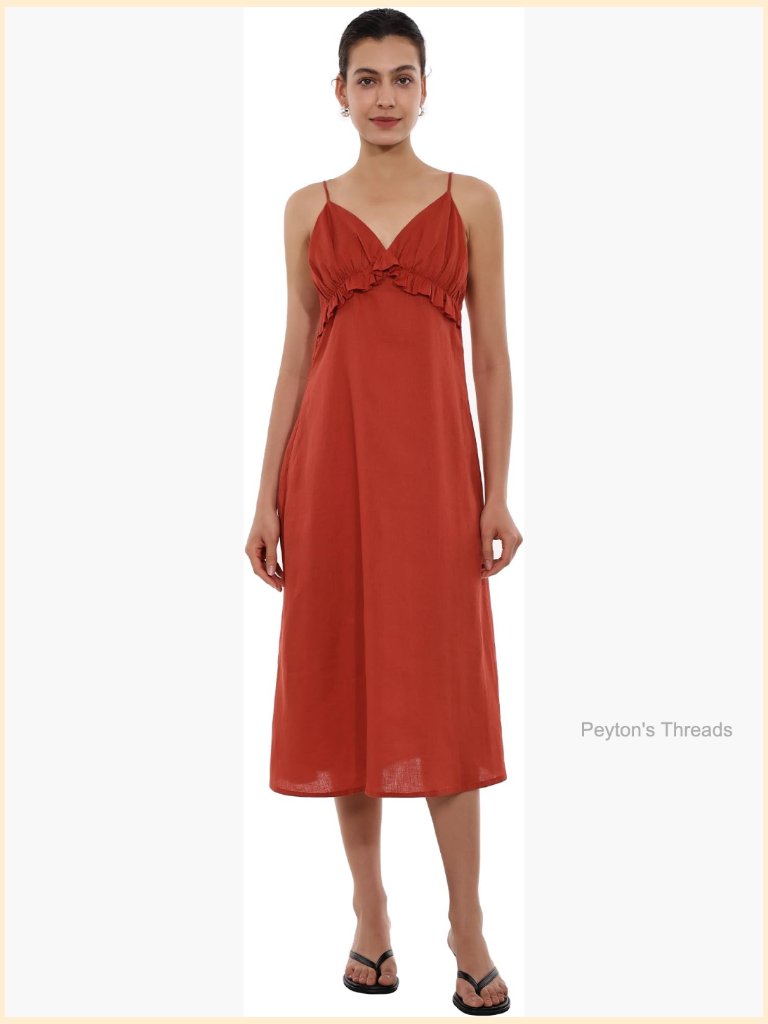 100% Linen Maxi Dress V Neck Spaghetti Strap Ruffled Trim Summer Beach Dress